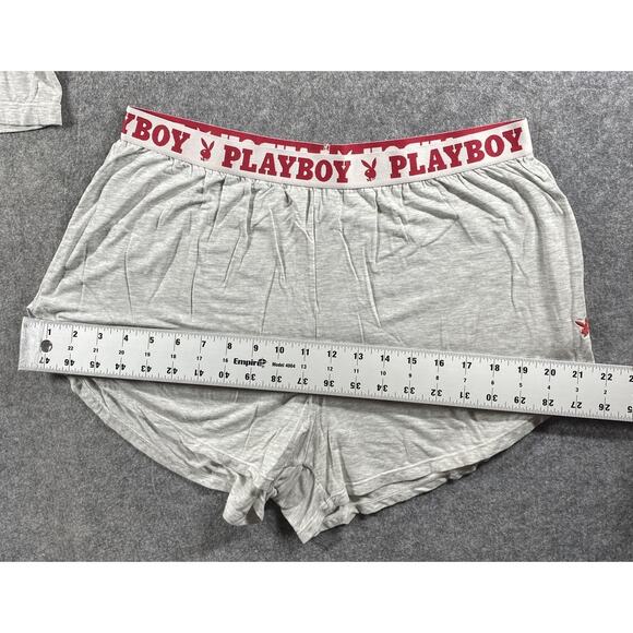 Playboy Pajama Set Womens Medium Gray Button Front Top Shorts Sleepwear Lounge - Picture 3 of 14